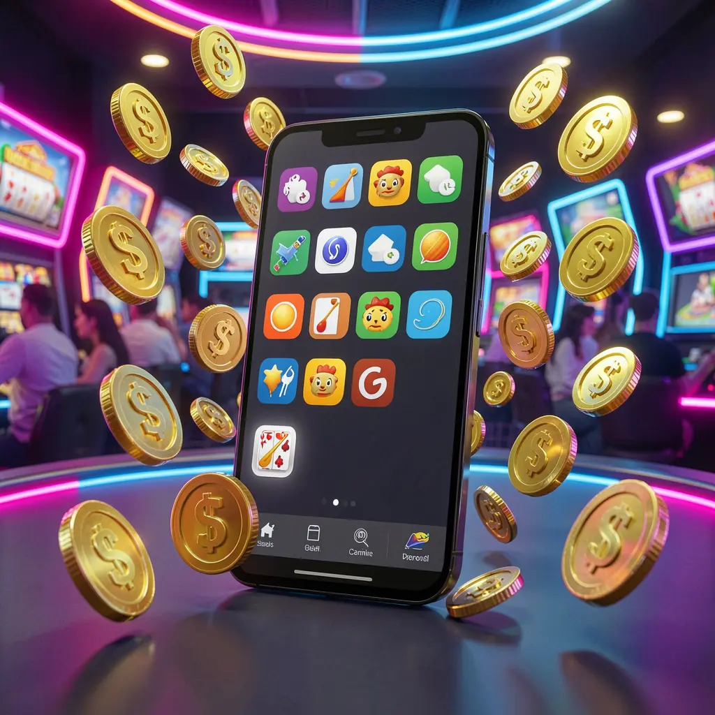 Konsep aplikasi kasino Android RK68 ditampilkan pada ponsel modern dengan ikon aplikasi, dikelilingi koin emas dan simbol slot yang melayang dalam suasana kasino neon, render 3D realistis