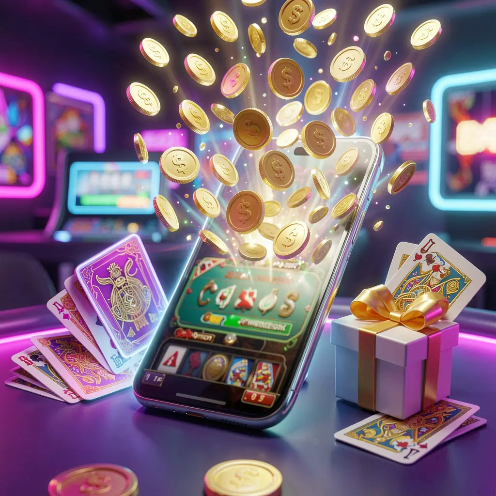 Banner bonus kasino seluler RK68 menampilkan ponsel pintar dengan koin yang meledak dari layar, kotak hadiah dan kartu permainan di dekatnya, semuanya diterangi cahaya neon terang dalam render 3D realistis premium