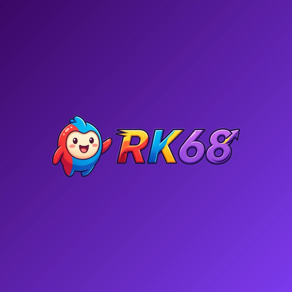 Logo bergaya maskot RK68 menampilkan ikon karakter ramah dengan huruf merek permainan yang tebal dan penuh warna pada latar belakang transparan, dirancang sebagai wordmark persegi panjang horizontal lebar untuk header situs web