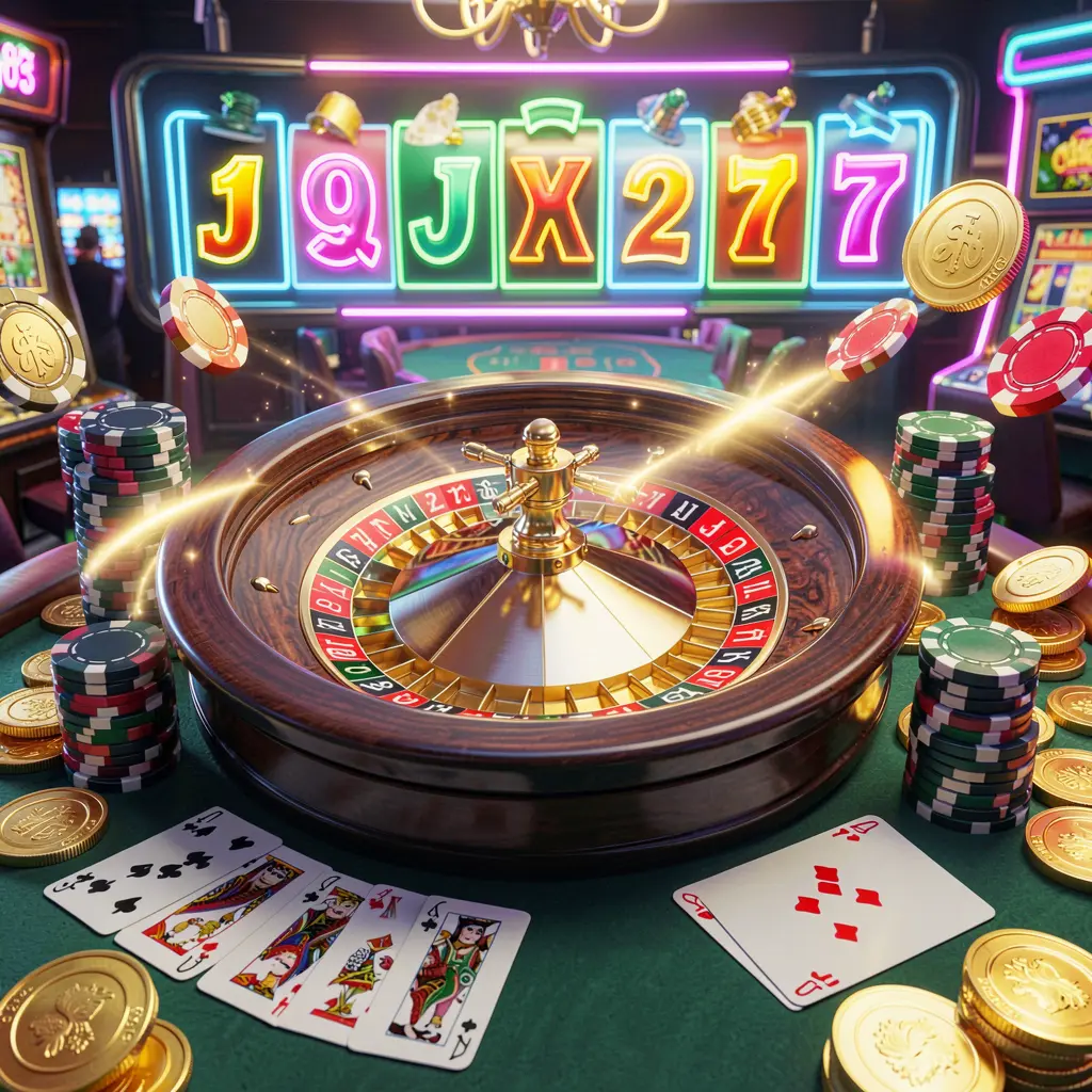 Visual beranda kasino RK68 menampilkan komposisi dinamis dari lampu jackpot, roda roulette, chip poker, kartu, dan koin emas dengan cahaya neon terang dalam render 3D realistis